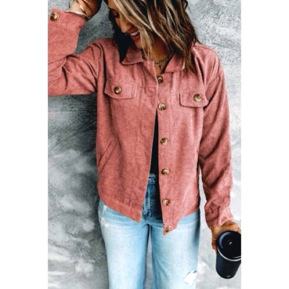 Pink Ribbed Corduroy Button Jacket Long Sleeve